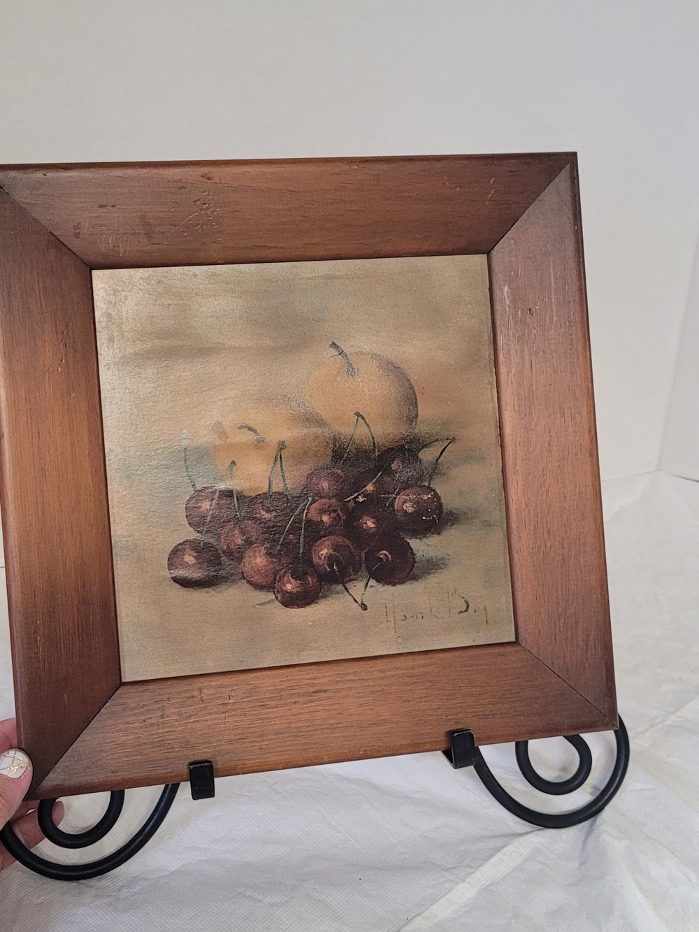 Vintage Wooden Framed Still Life Cherries Wall Art - Brown Frame